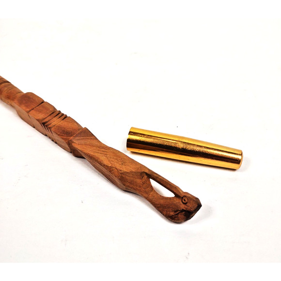 Vintage Hand Carved Wood Pen Bird Totem Gold Brass Cap 6 3/4" Ink Pen Insert - Picture 5 of 5